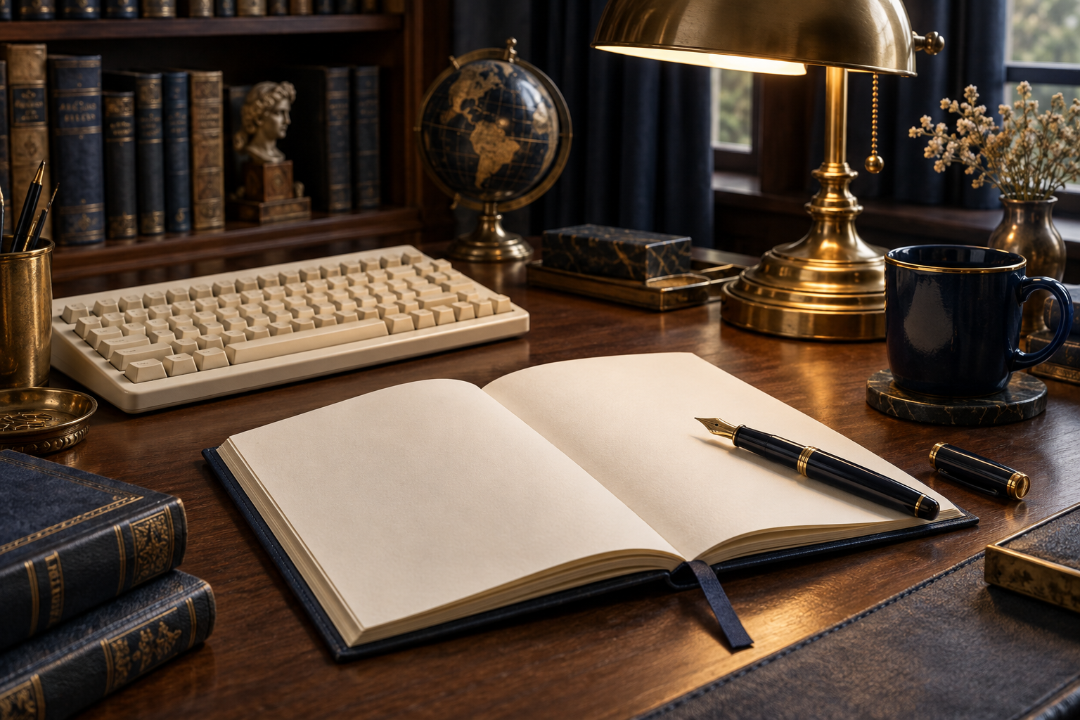 A keyboard, blank study notebook and fountain pen at a library desk