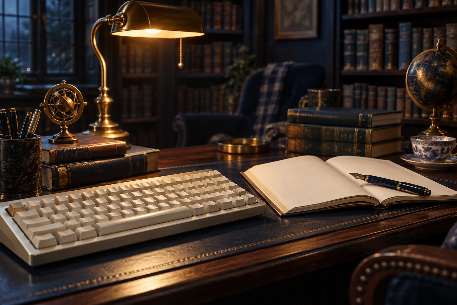 English typing study desk with a keyboard and open notebook